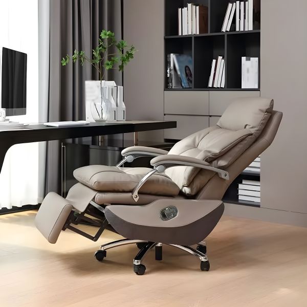 Silver Metal Frame Executive Chair with High-Back Design, Leather Seating, and Lumbar Support