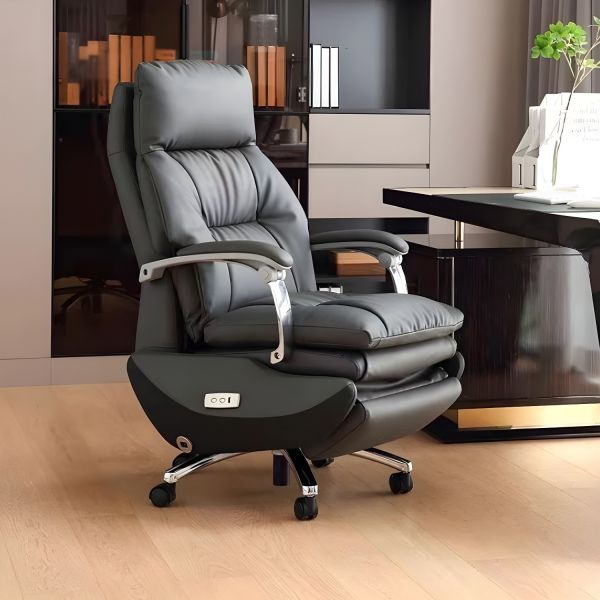 Silver Metal Frame Executive Chair with High-Back Design, Leather Seating, and Lumbar Support