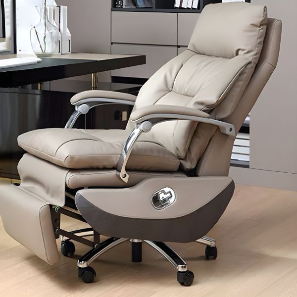 Silver Metal Frame Executive Chair with High-Back Design, Leather Seating, and Lumbar Support