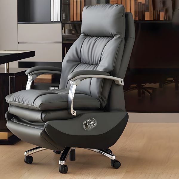 Silver Metal Frame Executive Chair with High-Back Design, Leather Seating, and Lumbar Support