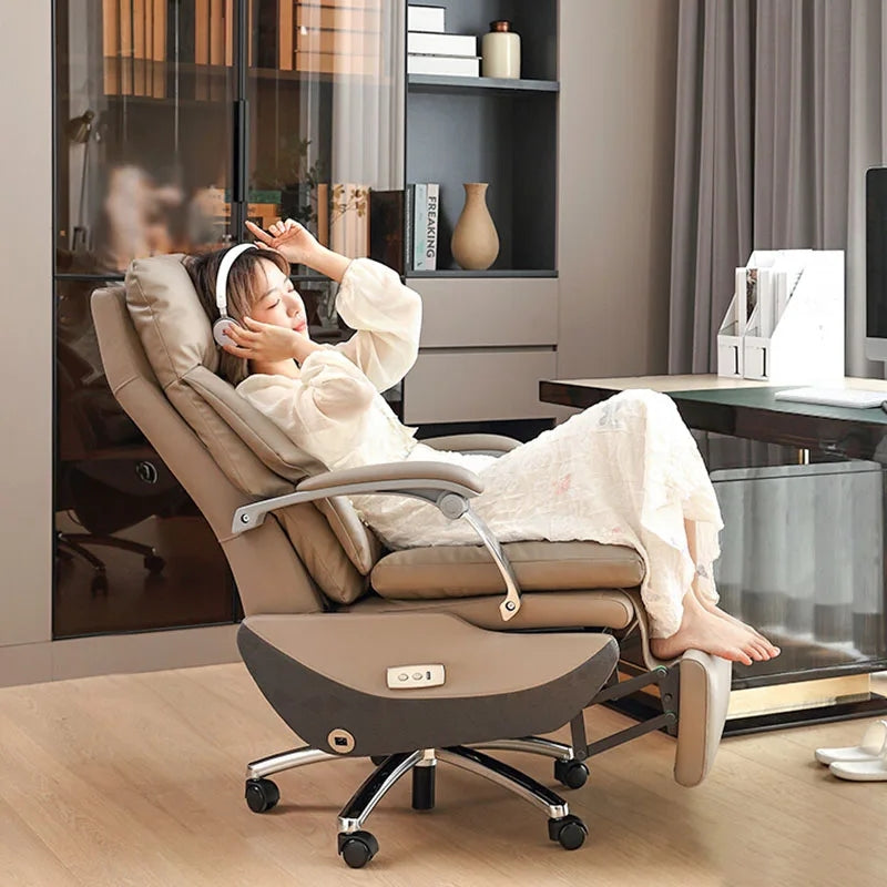 Silver Metal Frame Executive Chair with High-Back Design, Leather Seating, and Lumbar Support